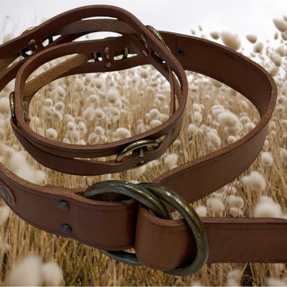 None Accessories - Leather belt with dark bronze buckle and circle detail, some tarnish, size small